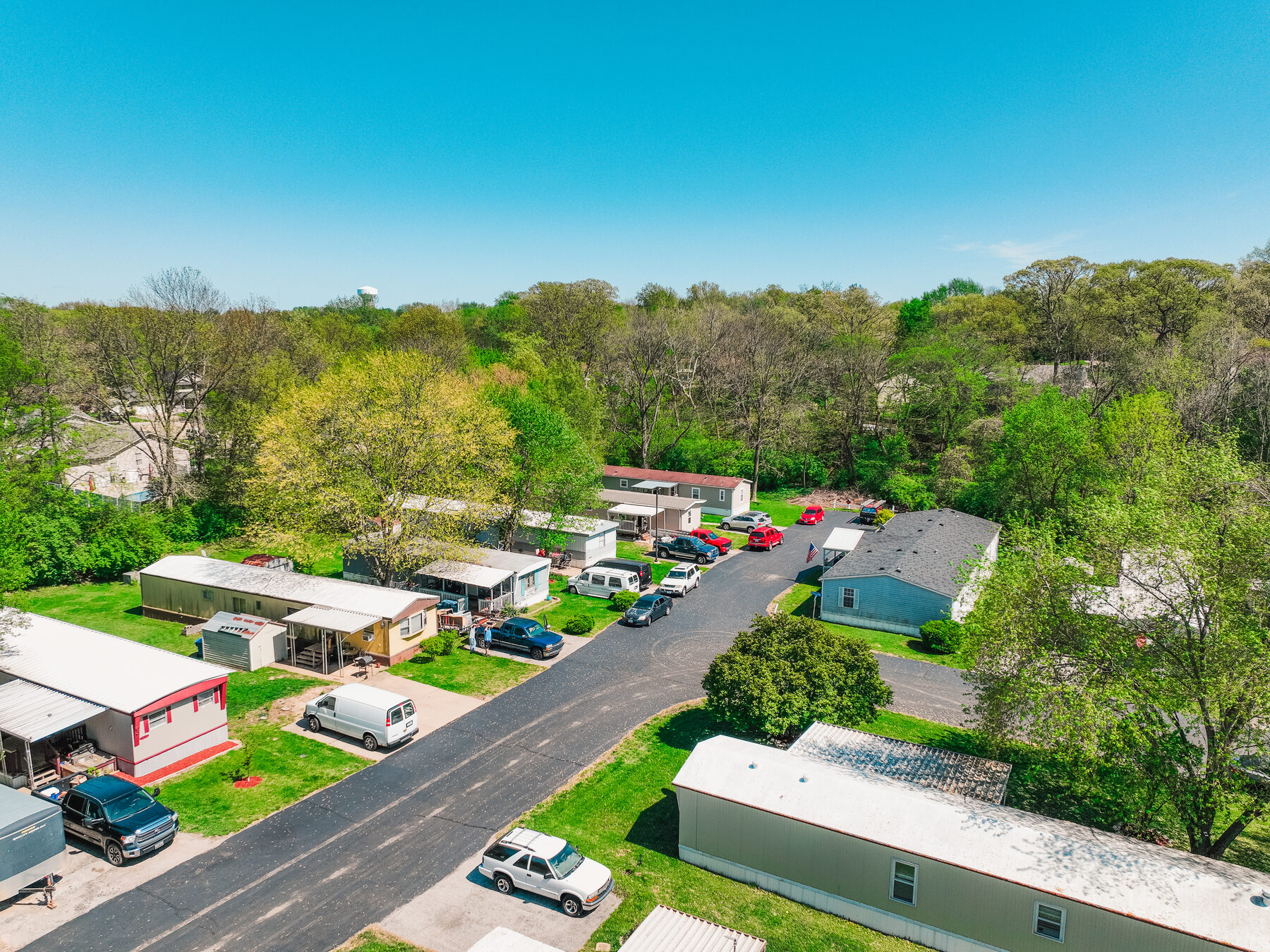 Aerial view of Muegge Manor community road and homes